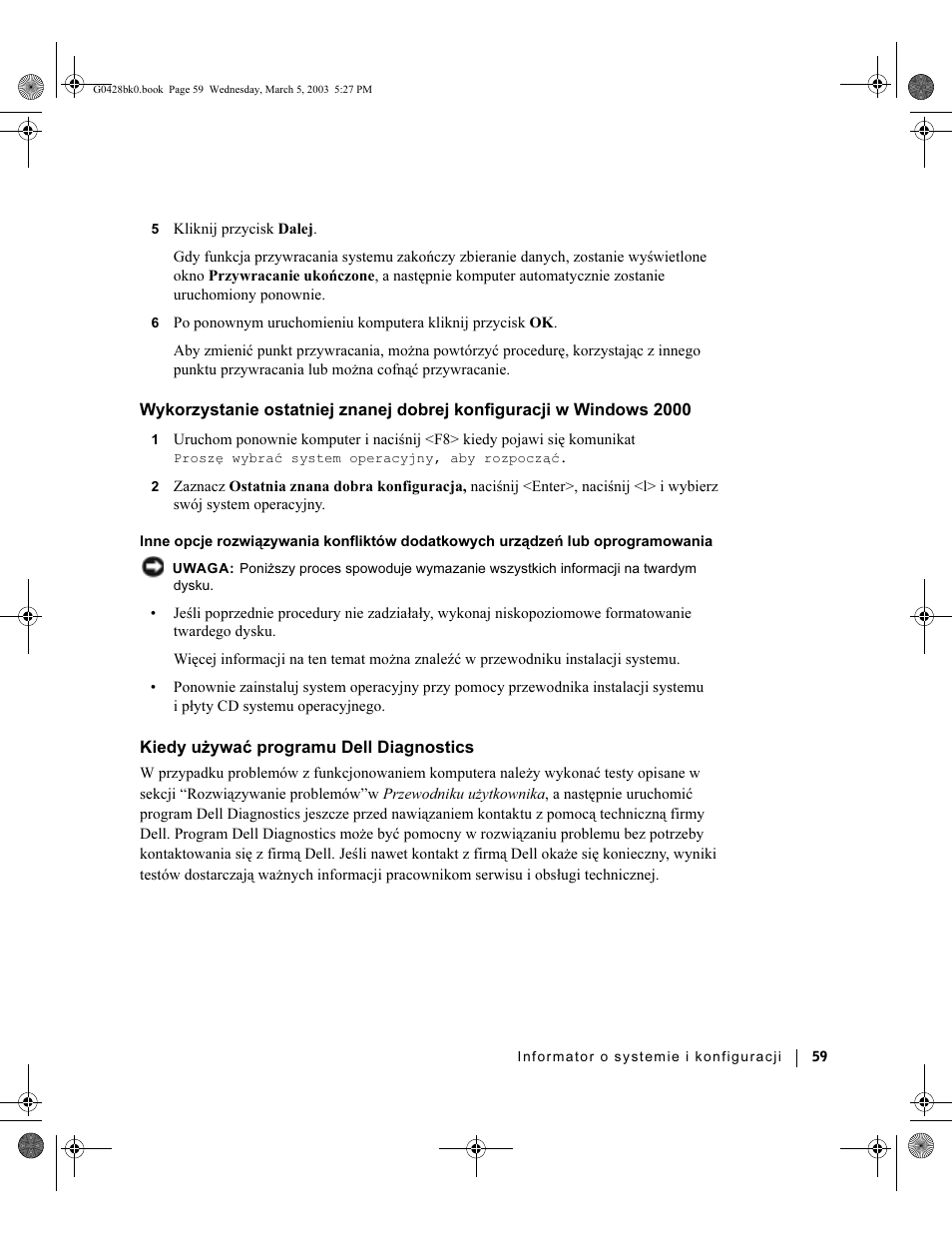 Kiedy używać programu dell diagnostics | Dell Precision 360 User Manual | Page 59 / 112