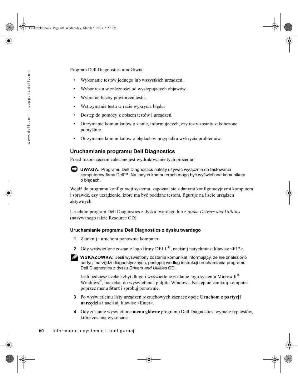 Uruchamianie programu dell diagnostics | Dell Precision 360 User Manual | Page 60 / 112