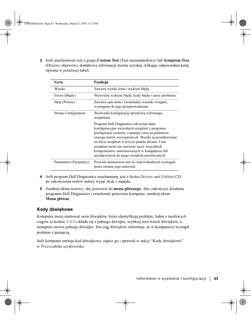 Kody dźwiękowe | Dell Precision 360 User Manual | Page 63 / 112