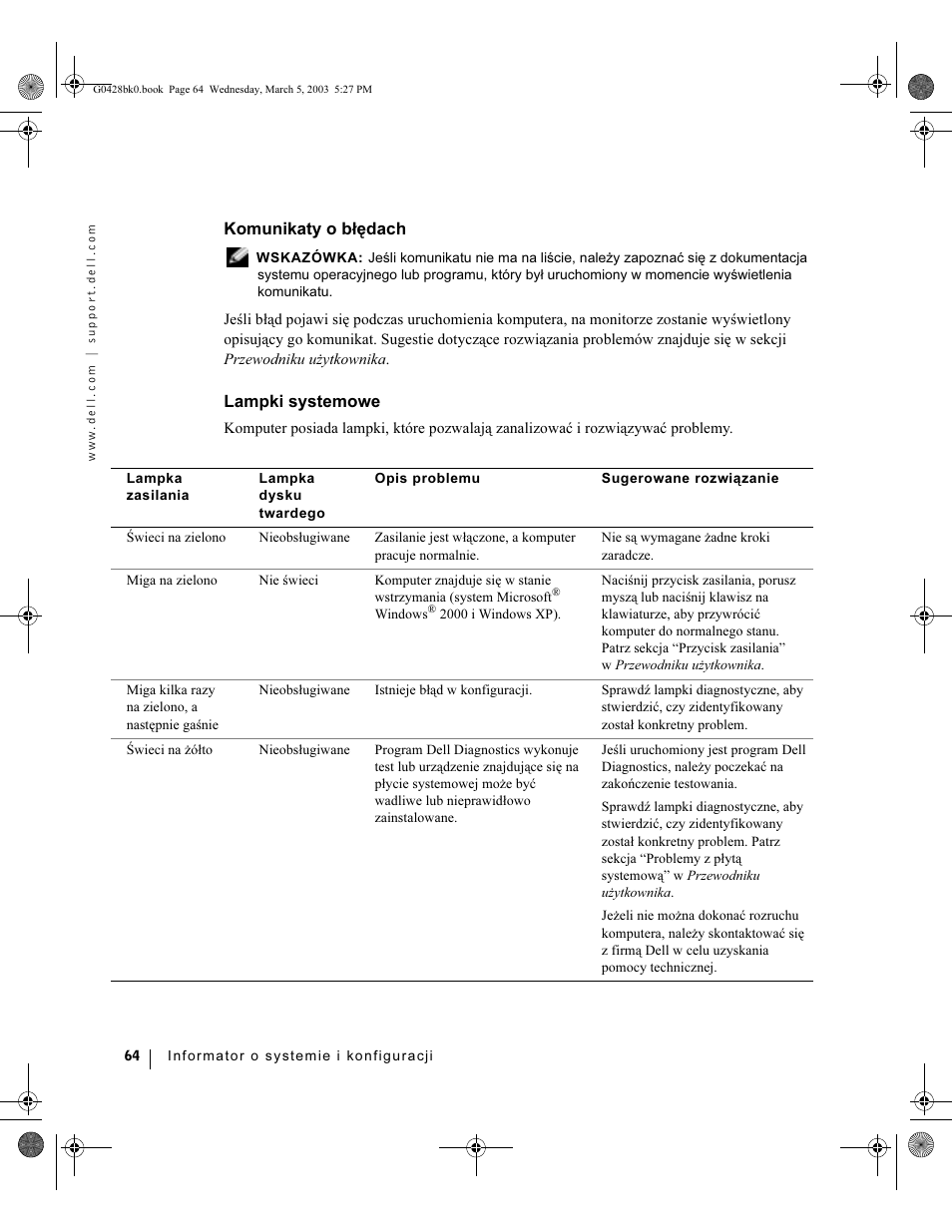 Komunikaty o błędach, Lampki systemowe | Dell Precision 360 User Manual | Page 64 / 112