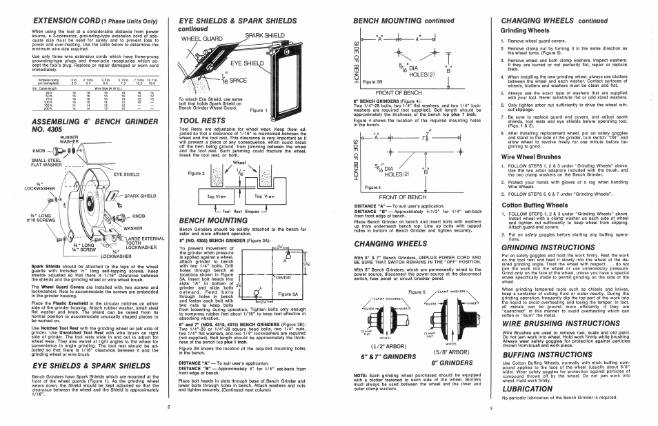 Extension cordn phase units, Assembling 6" bench grinder no. 4305, Eye shields & spark shields | Eye shields & spark shields continued, Wheel guard spark shield, Bench mounting, Bench mounting continued, Changing wheels, Grinding instructions, Wire brushing instructions | Black & Decker 724156-01 User Manual | Page 2 / 2