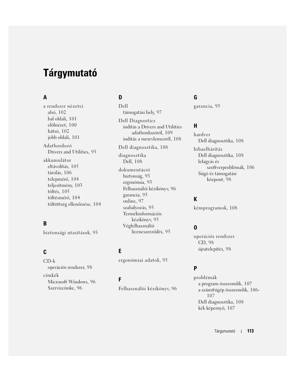 Tárgymutató | Dell Latitude D631 (Early 2009) User Manual | Page 113 / 182