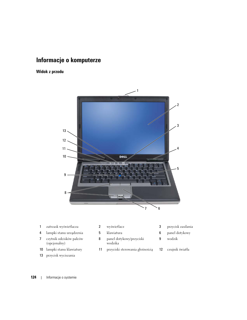 Informacje o komputerze, Widok z przodu | Dell Latitude D631 (Early 2009) User Manual | Page 124 / 182