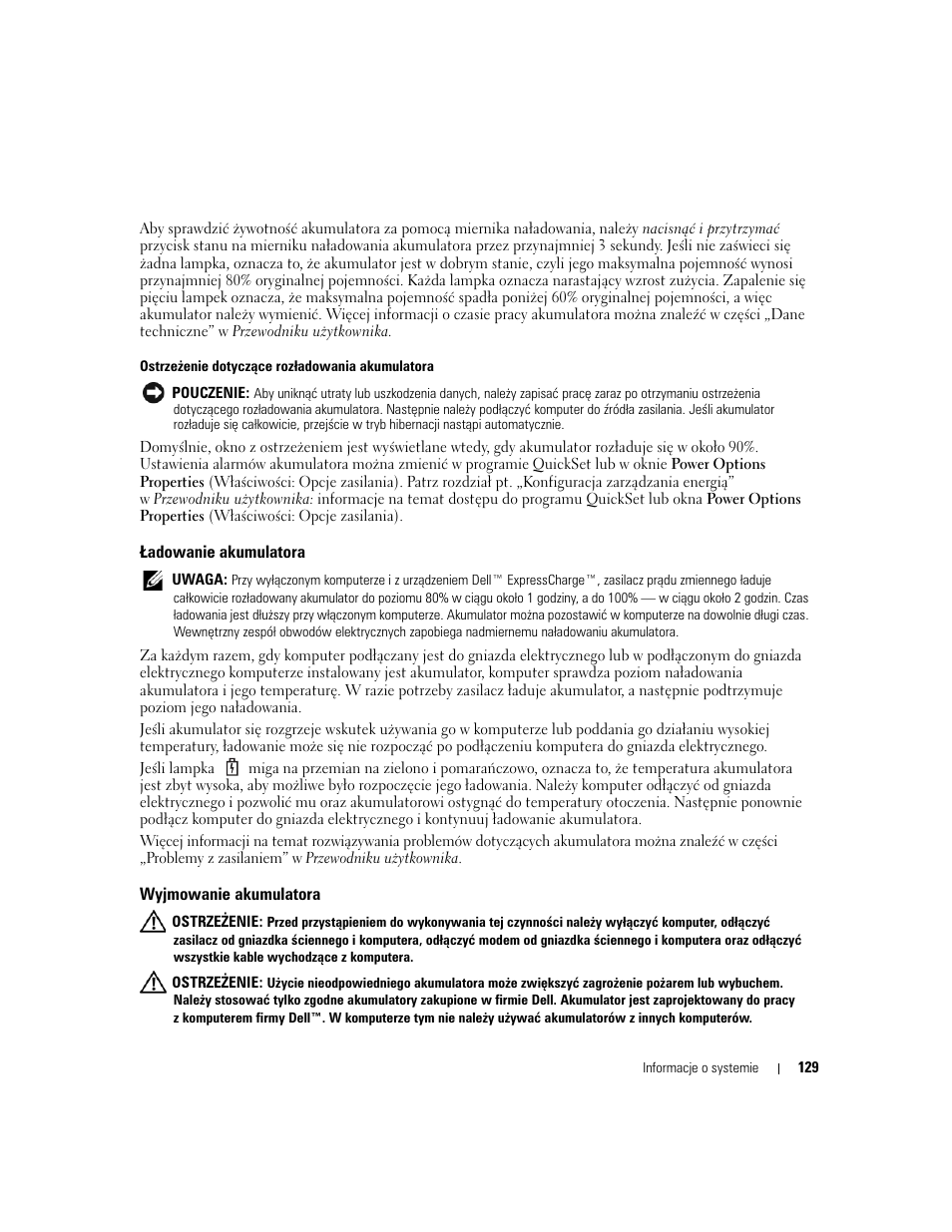Ładowanie akumulatora, Wyjmowanie akumulatora | Dell Latitude D631 (Early 2009) User Manual | Page 129 / 182