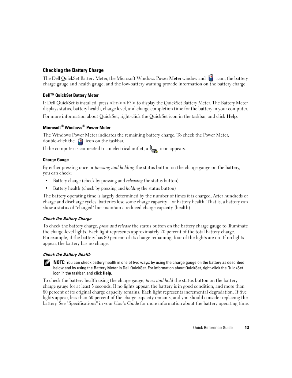 Checking the battery charge | Dell Latitude D631 (Early 2009) User Manual | Page 13 / 182