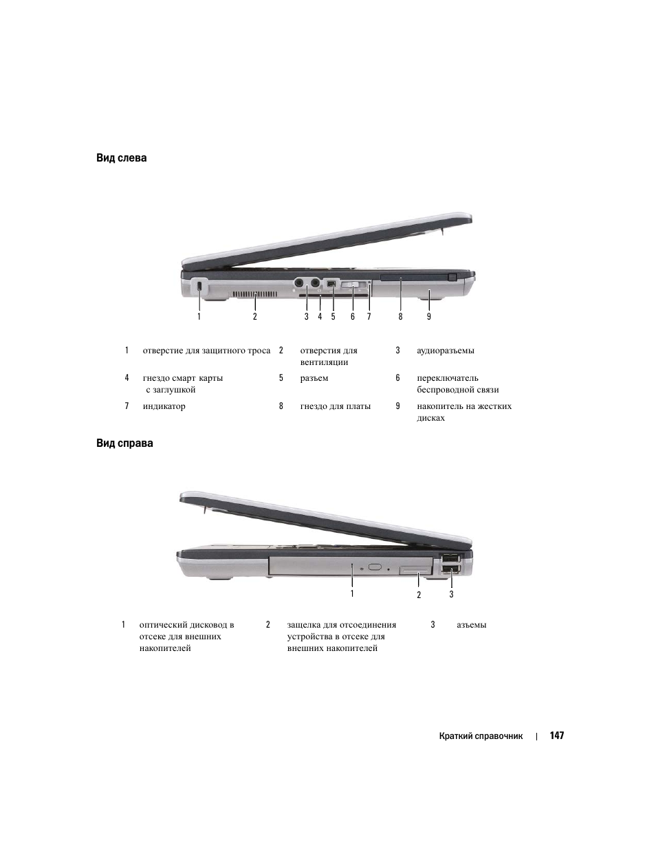 Вид слева, Вид справа | Dell Latitude D631 (Early 2009) User Manual | Page 147 / 182