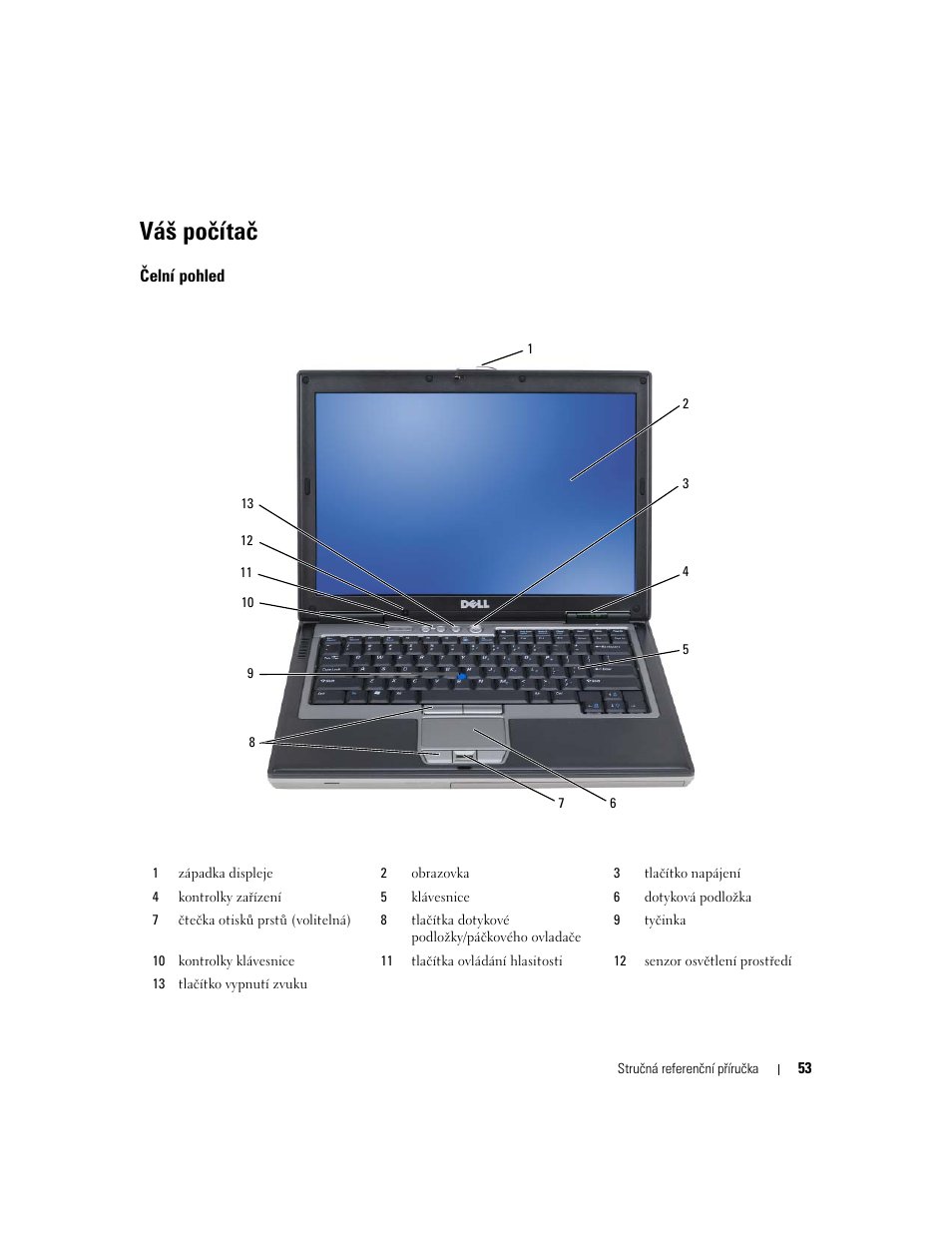 Váš počítač, Čelní pohled | Dell Latitude D631 (Early 2009) User Manual | Page 53 / 182