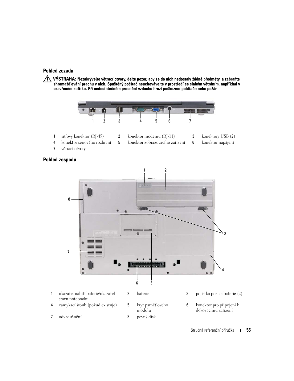 Pohled zezadu, Pohled zespodu | Dell Latitude D631 (Early 2009) User Manual | Page 55 / 182