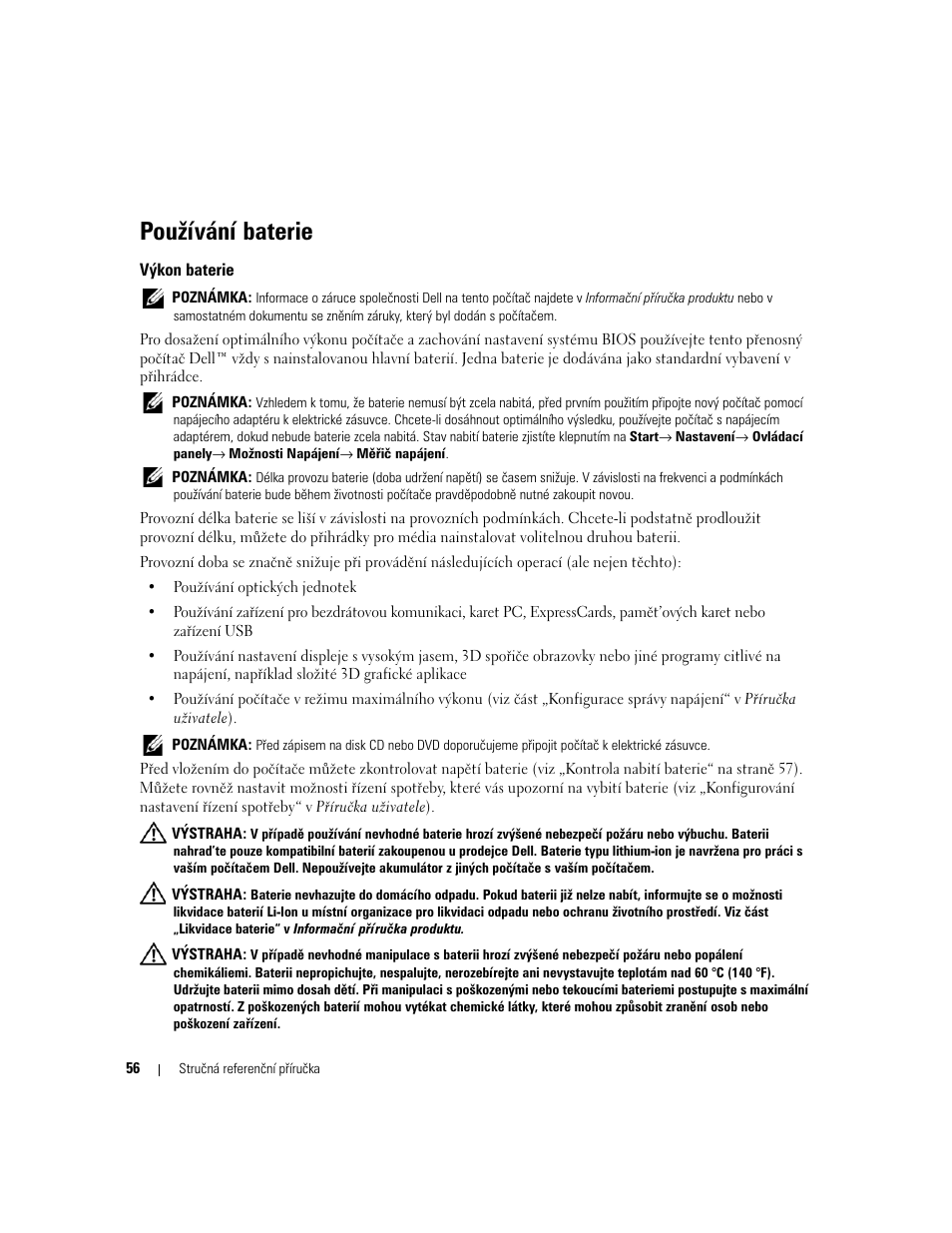 Používání baterie, Výkon baterie | Dell Latitude D631 (Early 2009) User Manual | Page 56 / 182