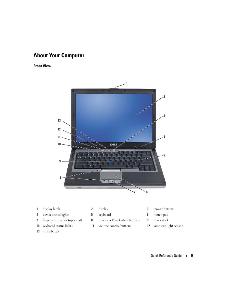 About your computer, Front view | Dell Latitude D631 (Early 2009) User Manual | Page 9 / 182