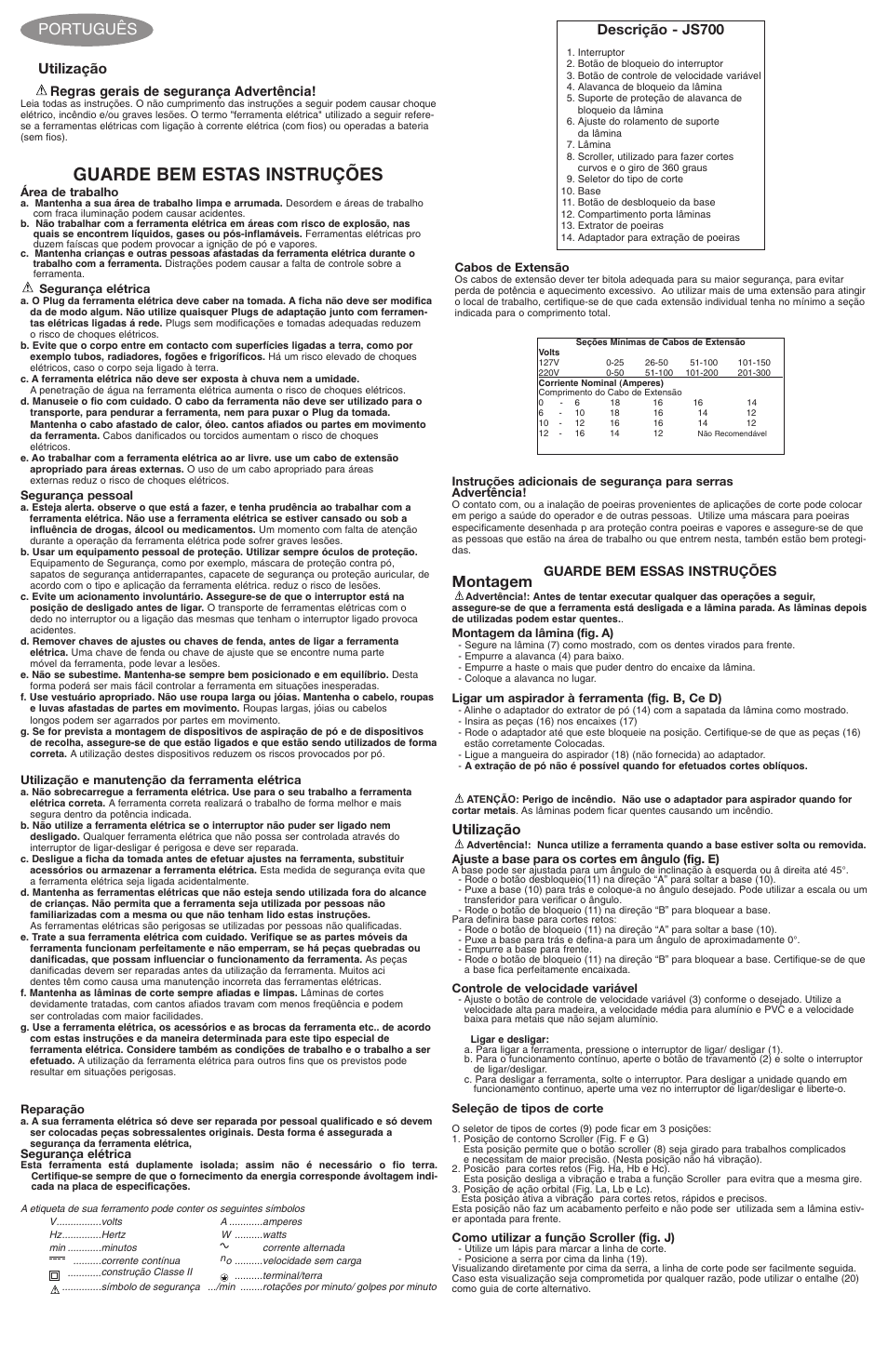 Guarde bem estas instruções, Montagem, Português | Utilização, Descrição - js700, Regras gerais de segurança advertência, Guarde bem essas instruções | Black & Decker 587384-03 User Manual | Page 3 / 6
