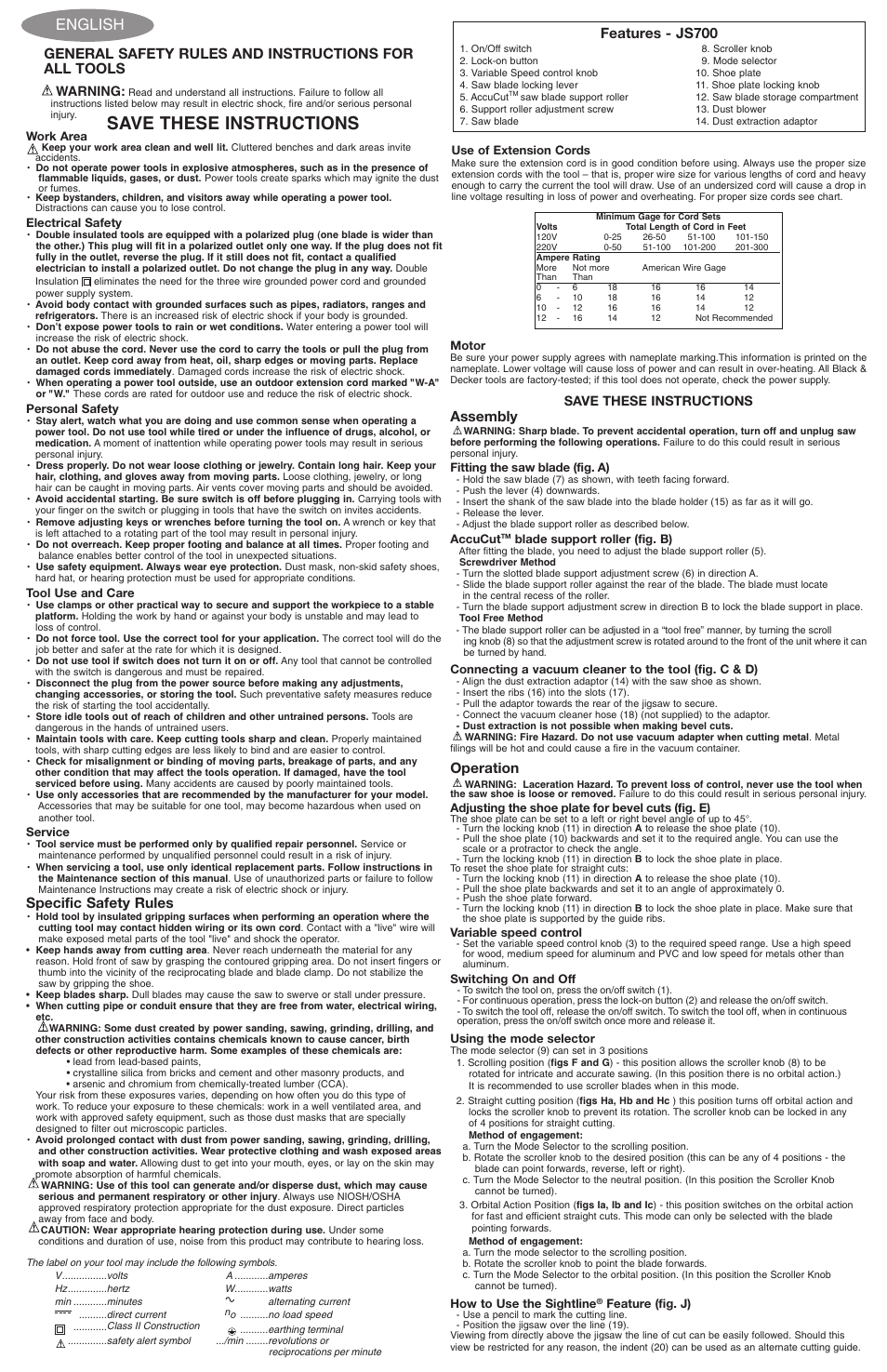 Save these instructions, English, Specific safety rules | Assembly, Operation, Features - js700, Warning | Black & Decker 587384-03 User Manual | Page 5 / 6