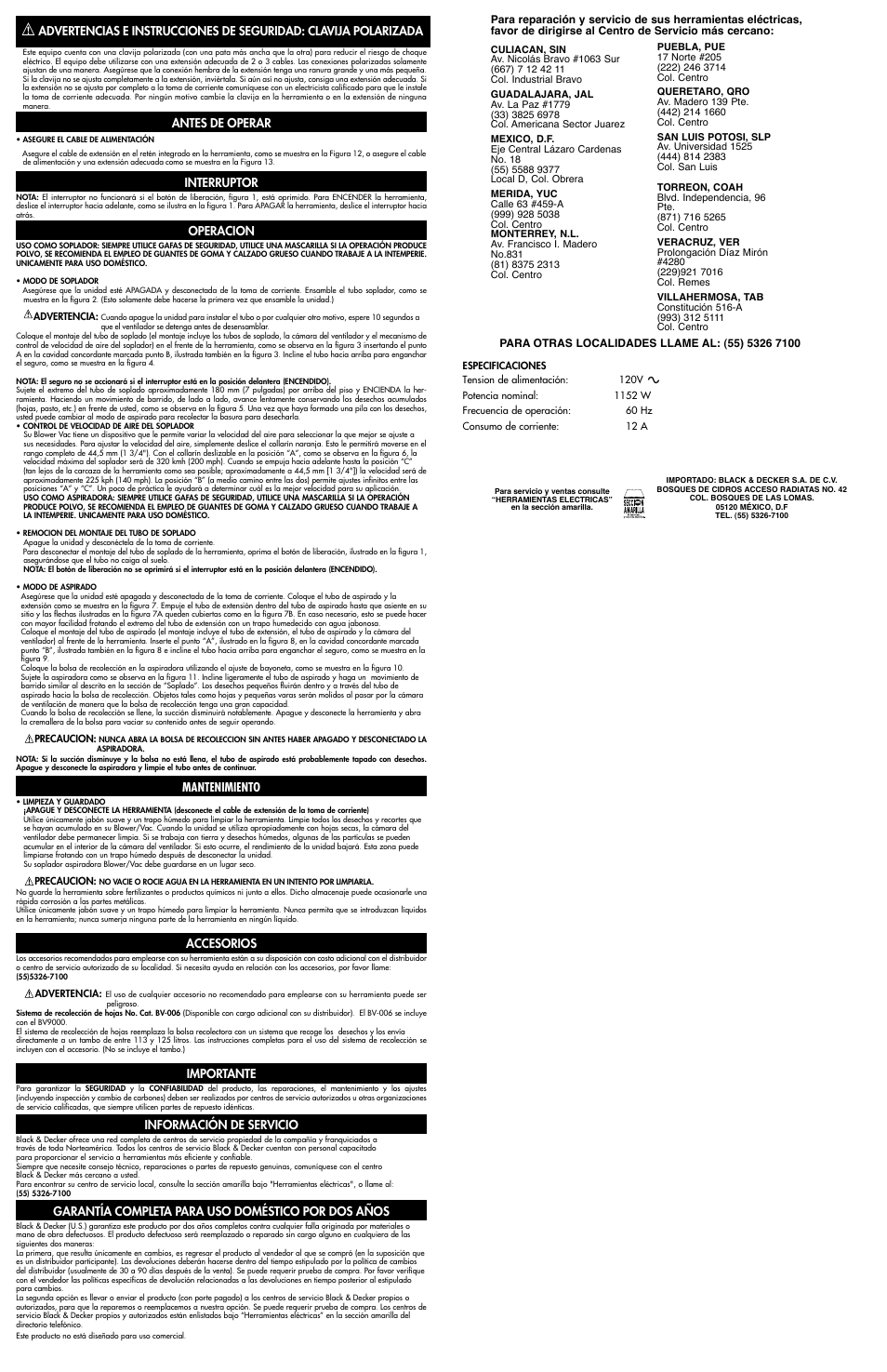 Antes de operar, Interruptor, Operacion | Mantenimiento, Accesorios, Importante, Información de servicio, Garantía completa para uso doméstico por dos años | Black & Decker 625233-00 User Manual | Page 4 / 4