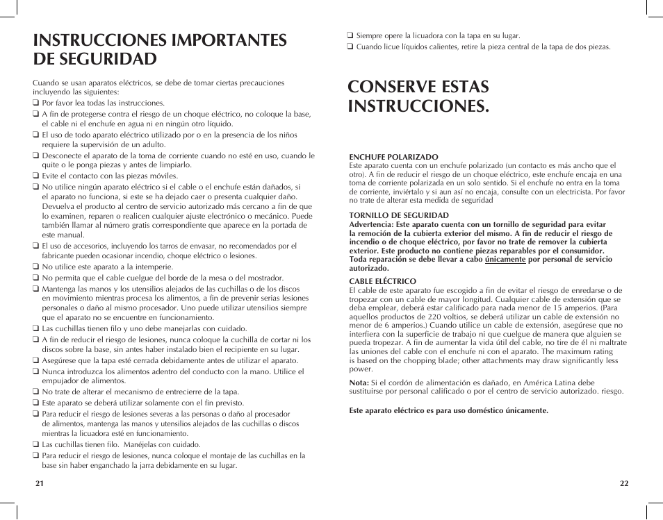 Instrucciones importantes de seguridad, Conserve estas instrucciones | Black & Decker FP2620S User Manual | Page 12 / 37
