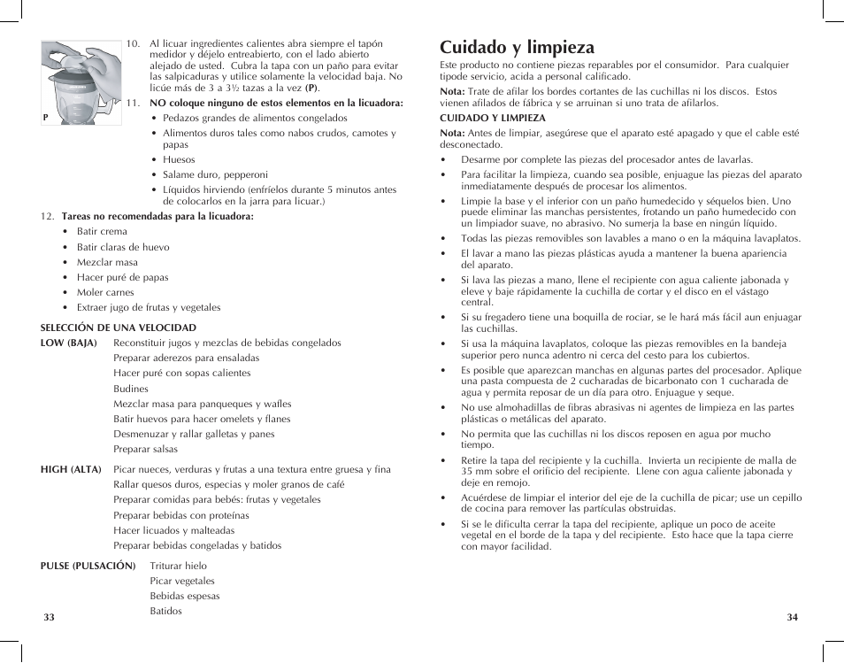 Cuidado y limpieza | Black & Decker FP2620S User Manual | Page 18 / 37