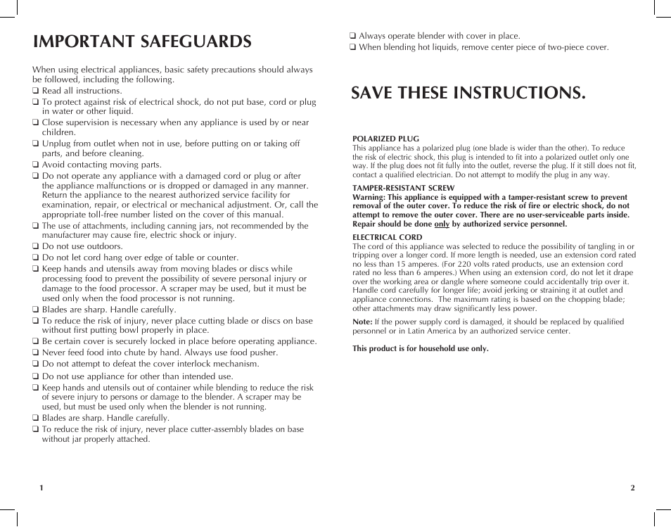 Important safeguards save these instructions | Black & Decker FP2620S User Manual | Page 2 / 37