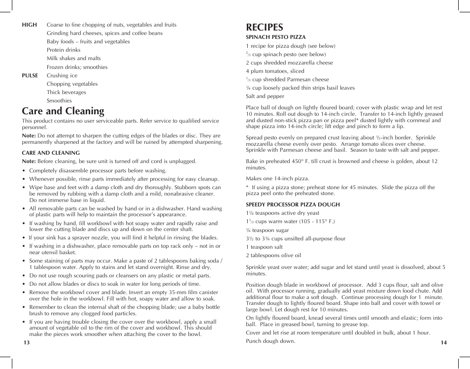 Recipes, Care and cleaning | Black & Decker FP2620S User Manual | Page 8 / 37