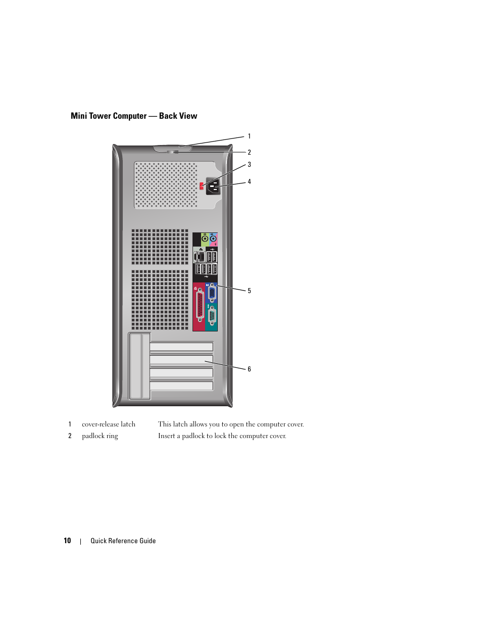 Mini tower computer - back view, Mini tower computer — back view | Dell OptiPlex 745 User Manual | Page 10 / 428