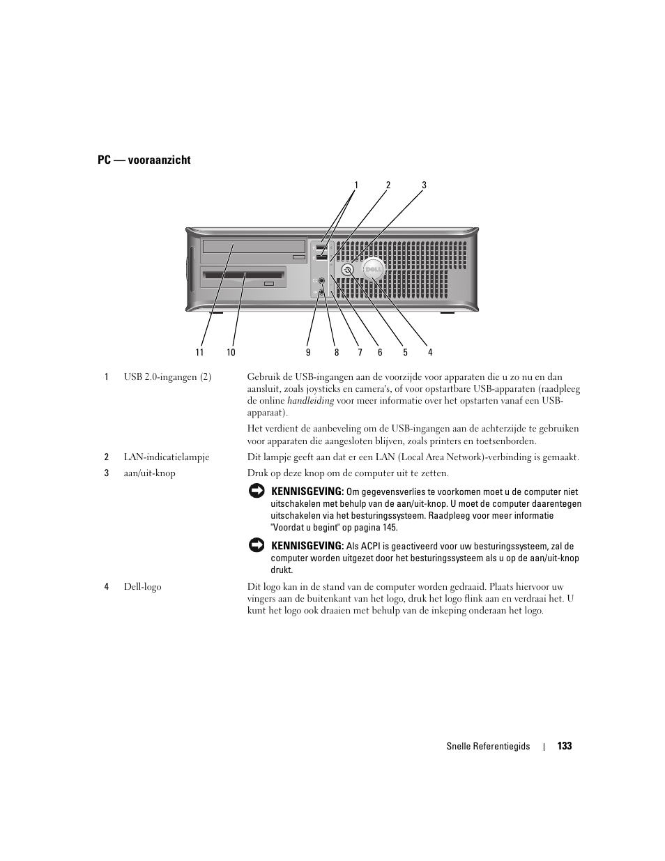 Pc - vooraanzicht, Pc — vooraanzicht | Dell OptiPlex 745 User Manual | Page 133 / 428