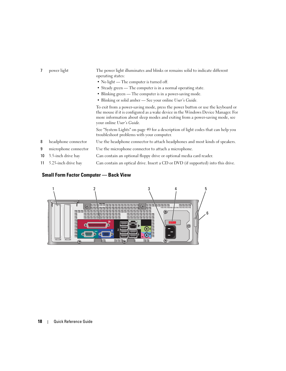 Small form factor computer - back view, Small form factor computer — back view | Dell OptiPlex 745 User Manual | Page 18 / 428