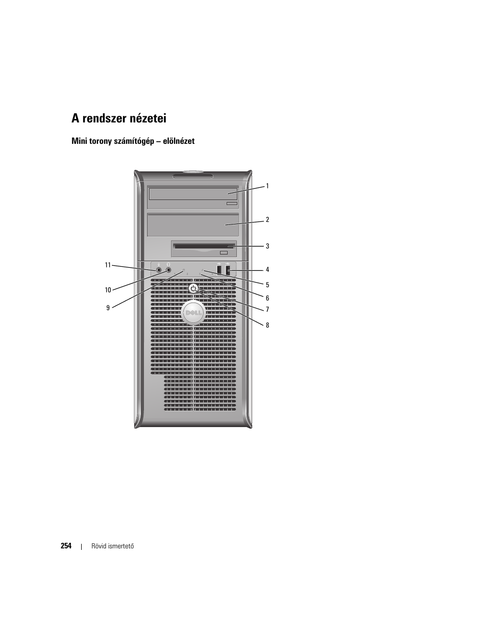 A rendszer nézetei, Mini torony számítógép - elölnézet, Mini torony számítógép – elölnézet | Dell OptiPlex 745 User Manual | Page 254 / 428