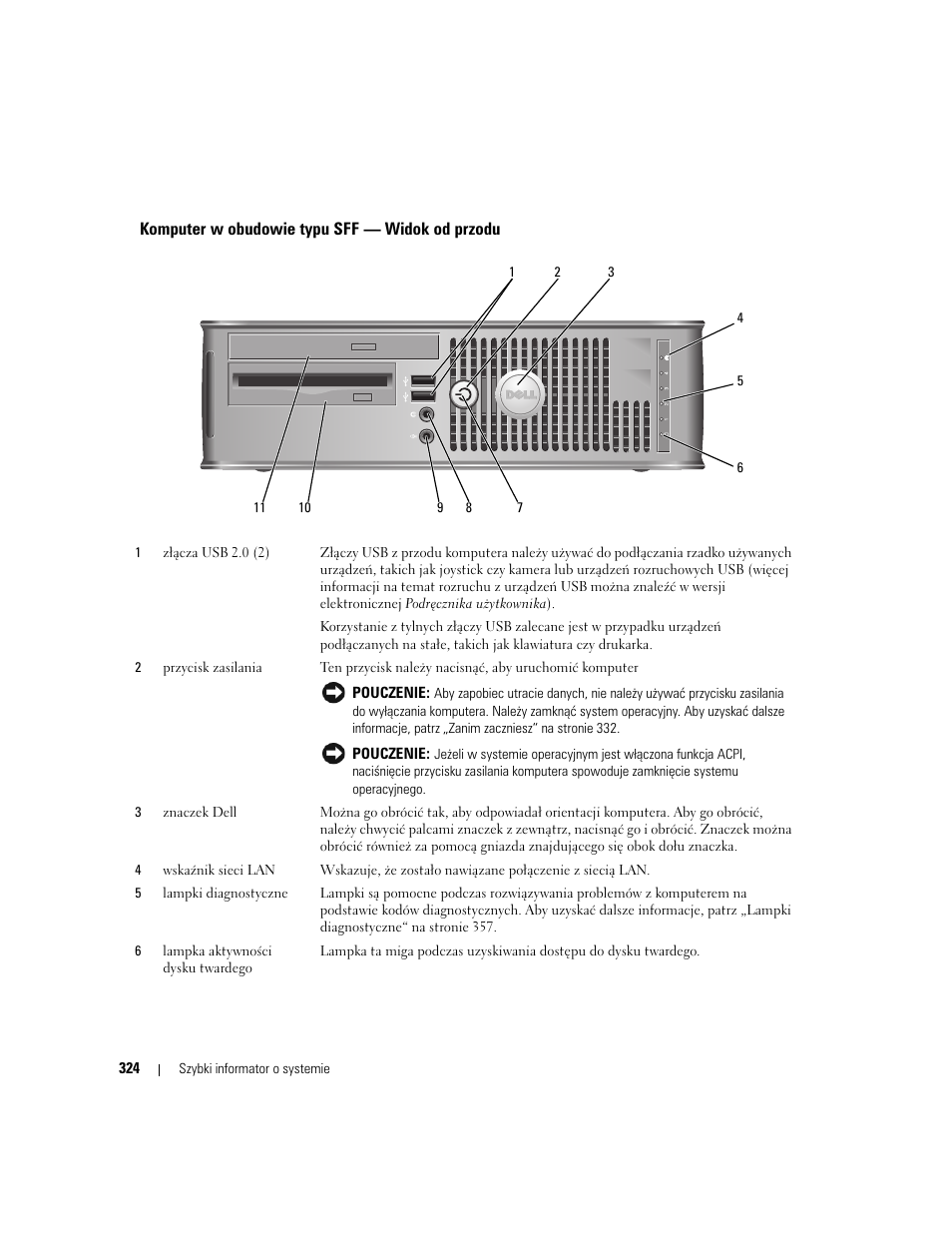 Komputer w obudowie typu sff — widok od przodu | Dell OptiPlex 745 User Manual | Page 324 / 428