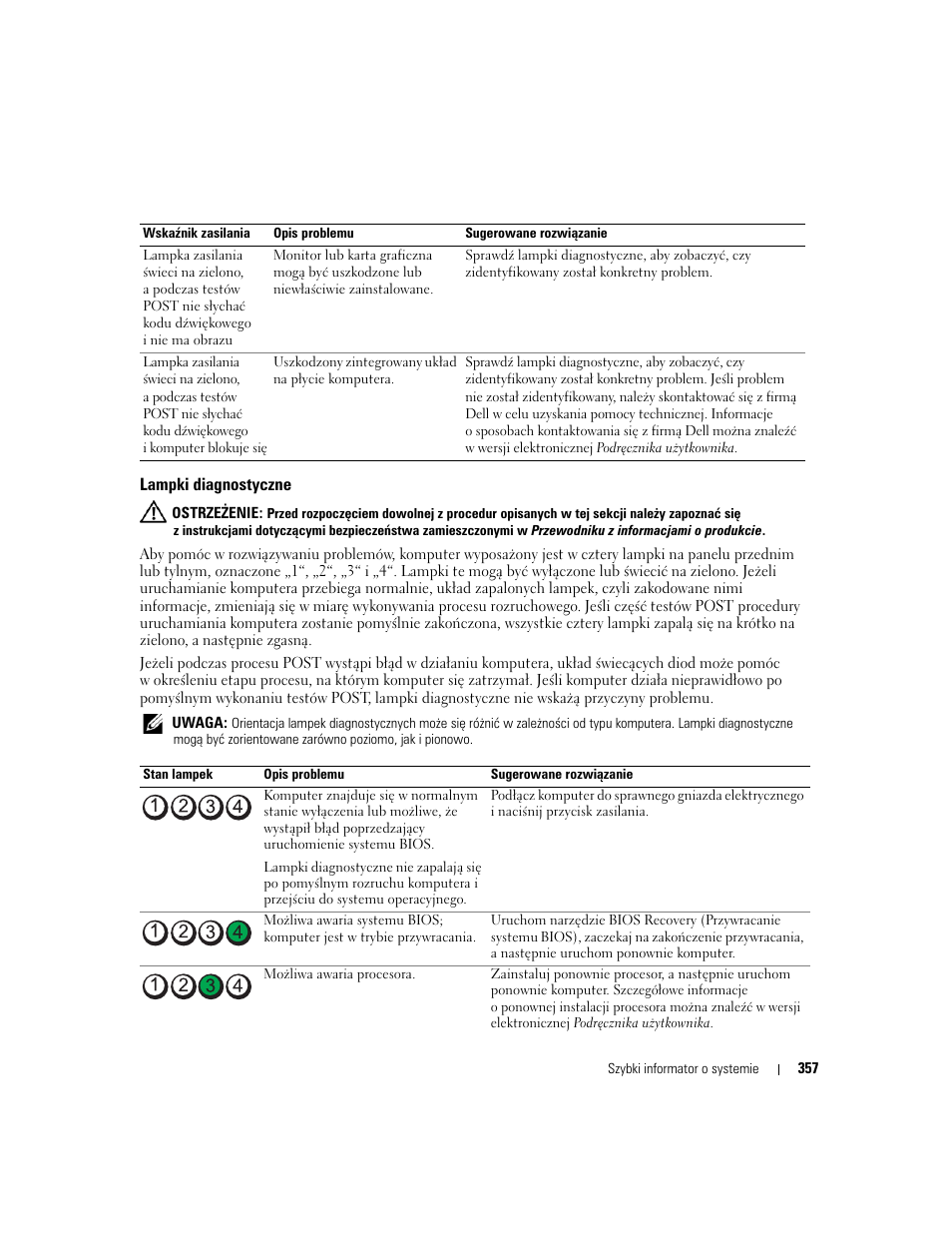 Lampki diagnostyczne | Dell OptiPlex 745 User Manual | Page 357 / 428