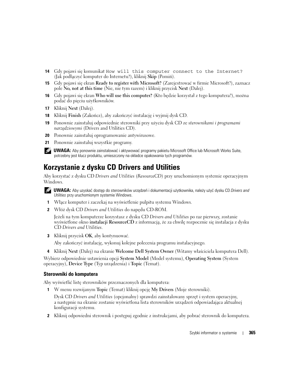 Korzystanie z dysku cd drivers and utilities, Sterowniki do komputera | Dell OptiPlex 745 User Manual | Page 365 / 428