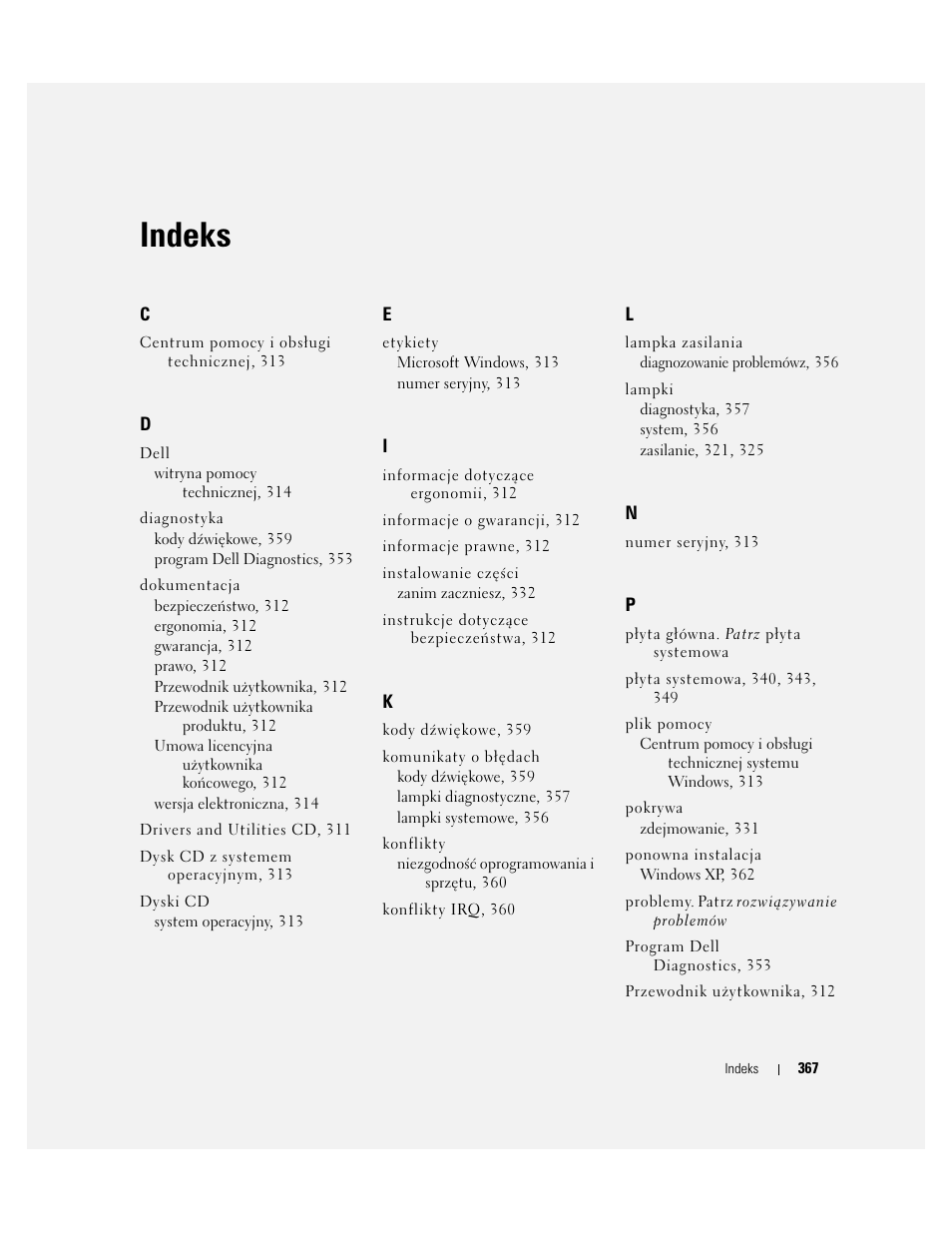 Indeks | Dell OptiPlex 745 User Manual | Page 367 / 428