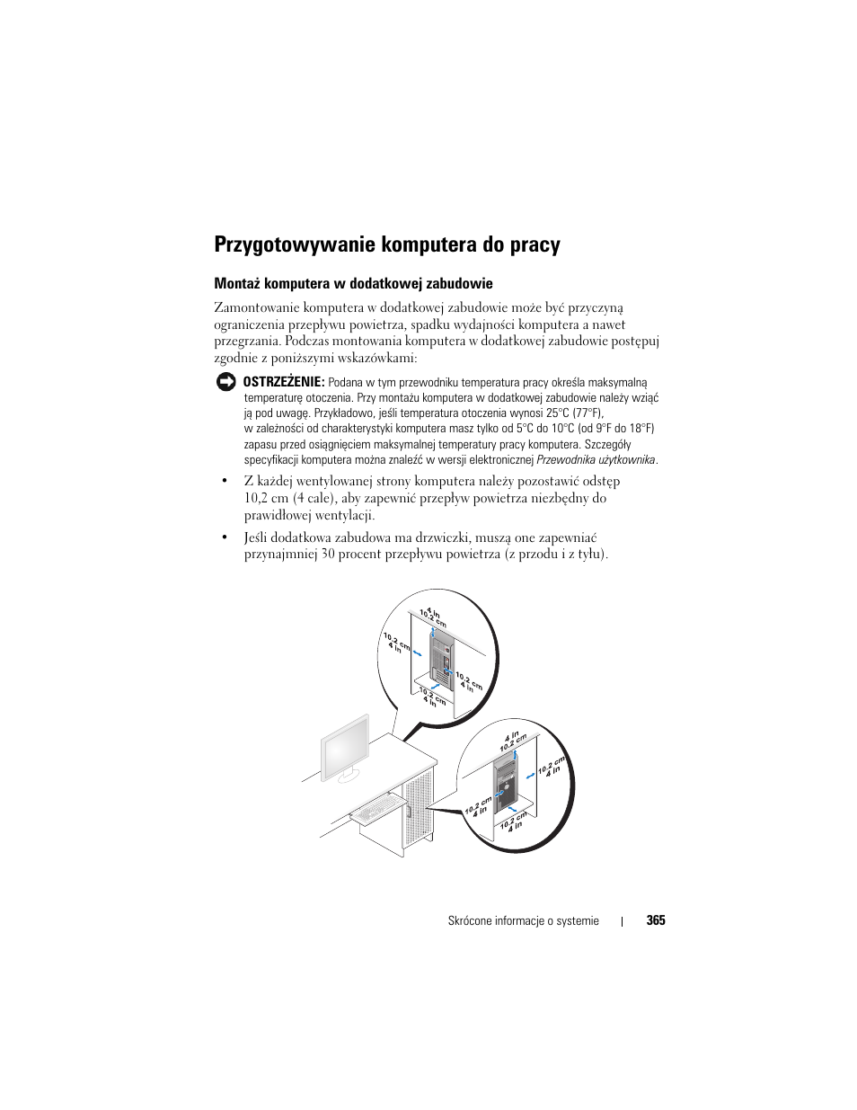 Przygotowywanie komputera do pracy, Montaż komputera w dodatkowej zabudowie | Dell OptiPlex 330 (Late 2007) User Manual | Page 365 / 490