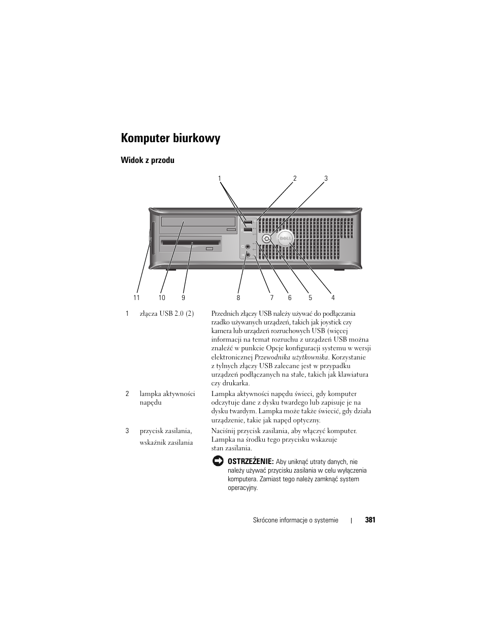 Komputer biurkowy, Widok z przodu | Dell OptiPlex 330 (Late 2007) User Manual | Page 381 / 490