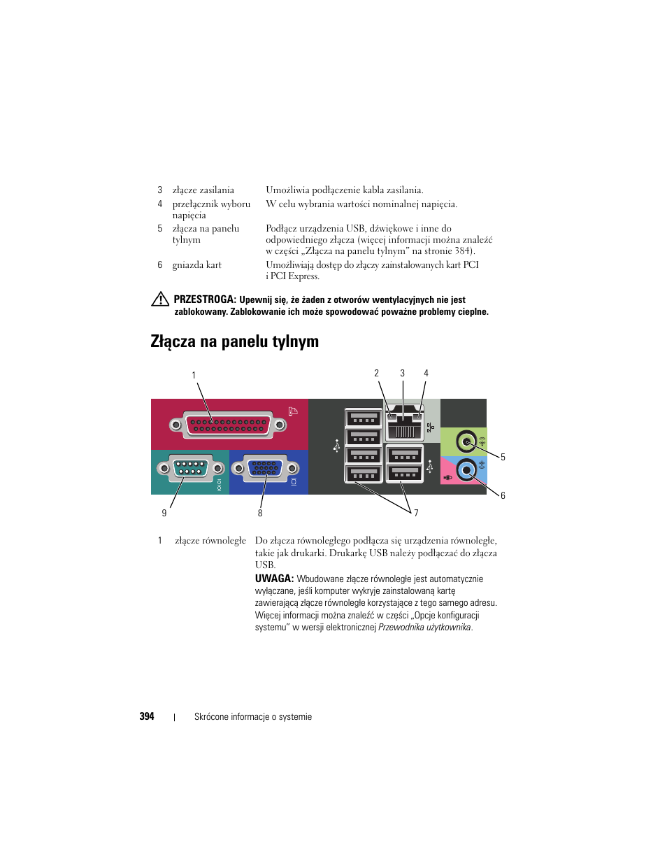 Złącza na panelu tylnym | Dell OptiPlex 330 (Late 2007) User Manual | Page 394 / 490
