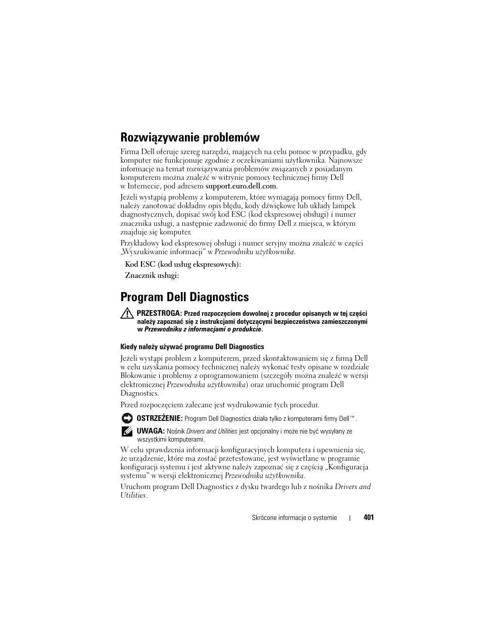 Rozwiązywanie problemów, Program dell diagnostics | Dell OptiPlex 330 (Late 2007) User Manual | Page 401 / 490