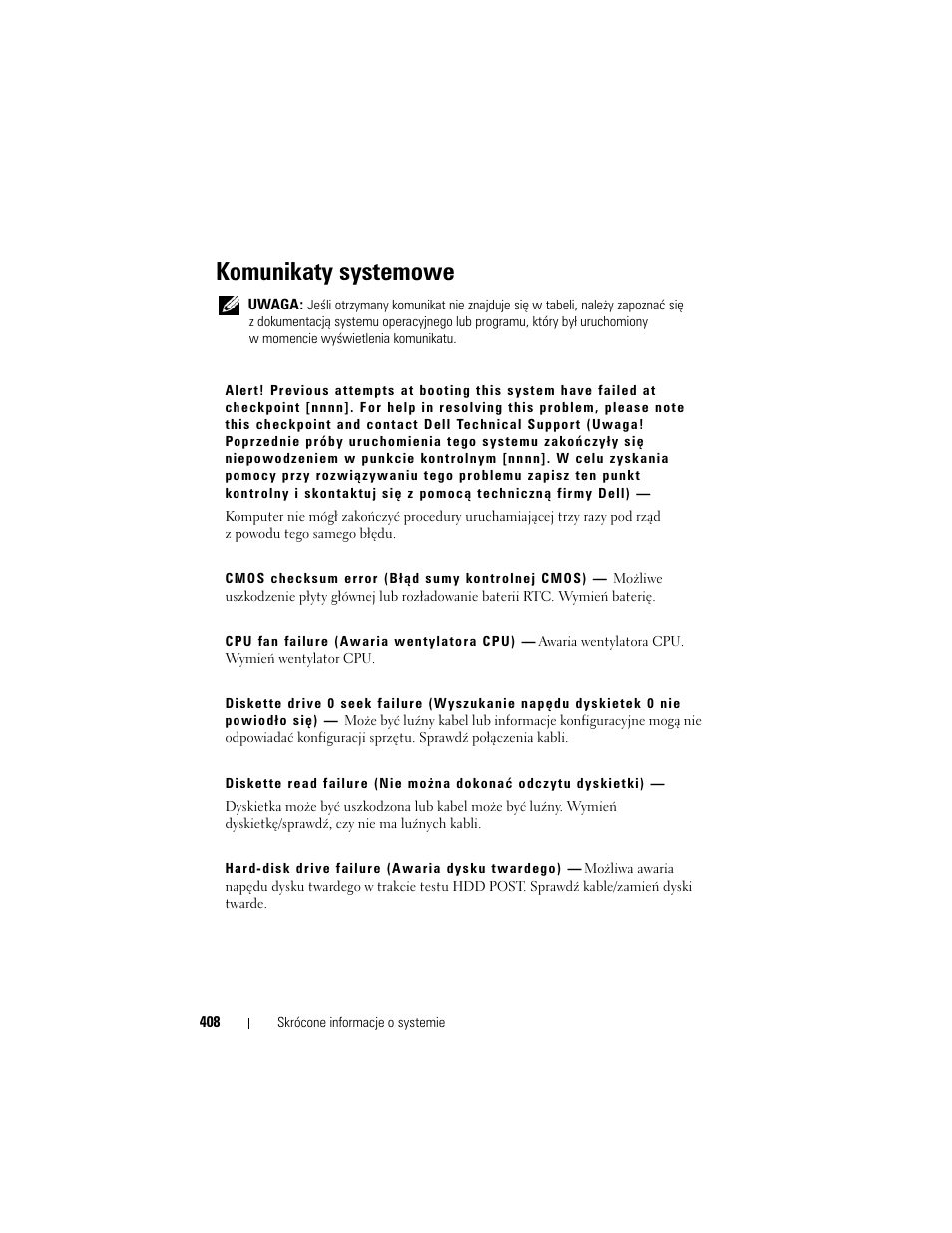 Komunikaty systemowe | Dell OptiPlex 330 (Late 2007) User Manual | Page 408 / 490