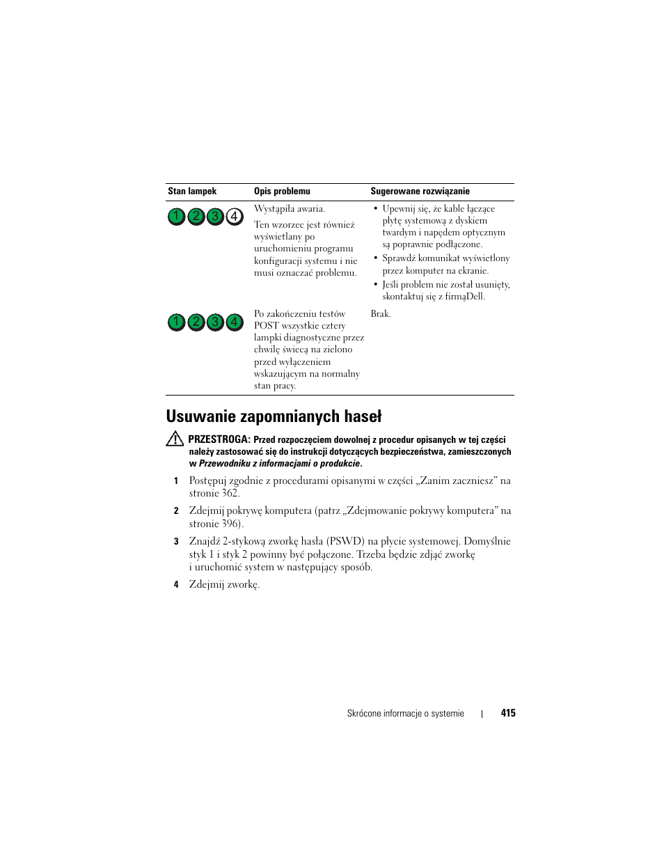 Usuwanie zapomnianych haseł | Dell OptiPlex 330 (Late 2007) User Manual | Page 415 / 490