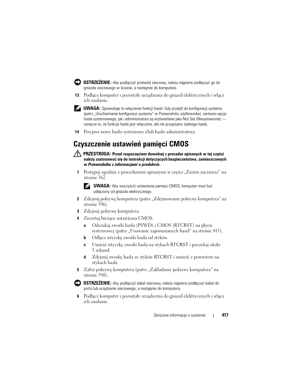 Czyszczenie ustawień pamięci cmos | Dell OptiPlex 330 (Late 2007) User Manual | Page 417 / 490