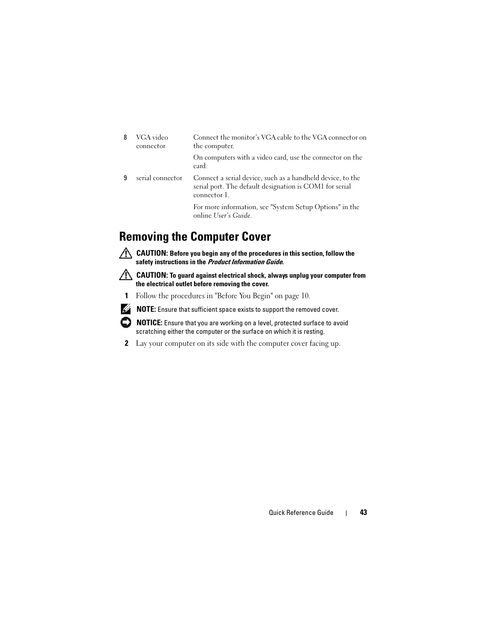 Removing the computer cover | Dell OptiPlex 330 (Late 2007) User Manual | Page 43 / 490