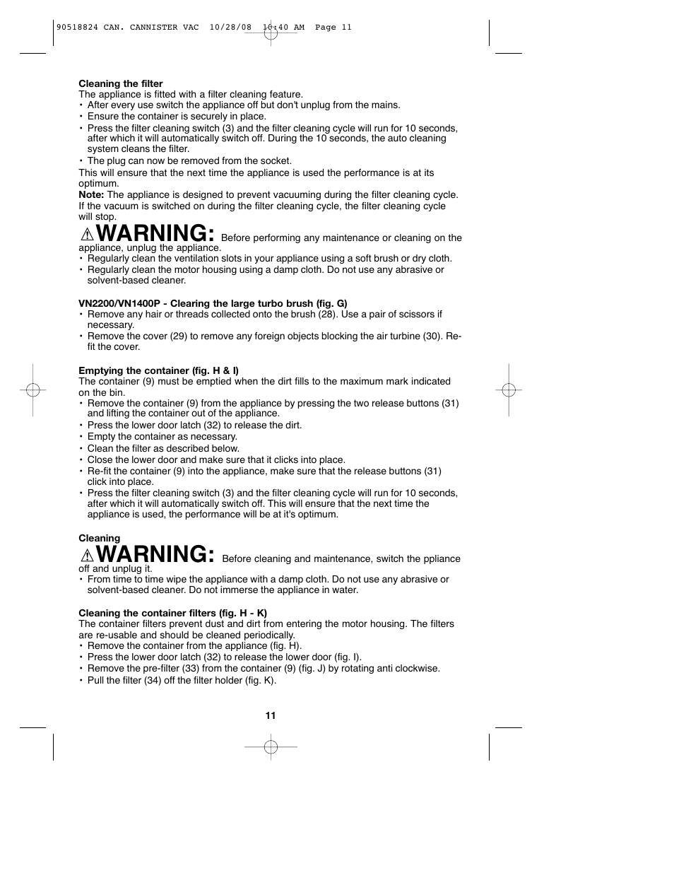 Warning | Black & Decker VN2200 User Manual | Page 11 / 36