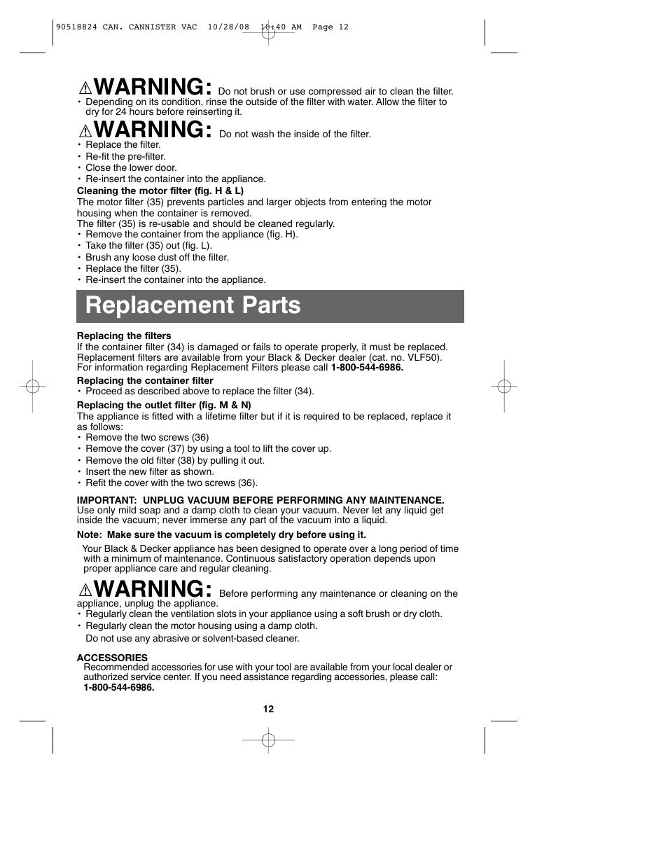 Replacement parts, Warning | Black & Decker VN2200 User Manual | Page 12 / 36