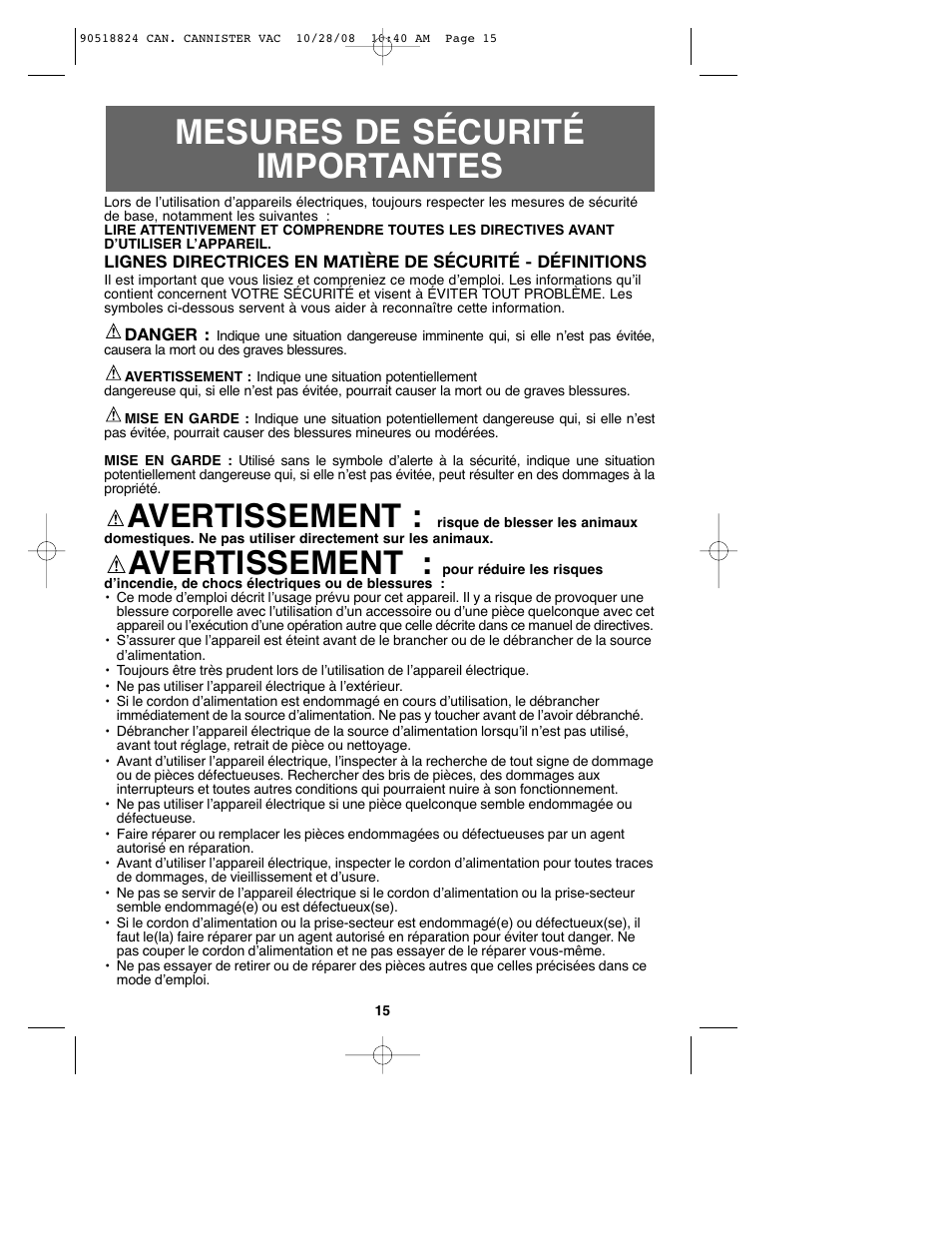Mesures de sécurité importantes, Avertissement | Black & Decker VN2200 User Manual | Page 15 / 36