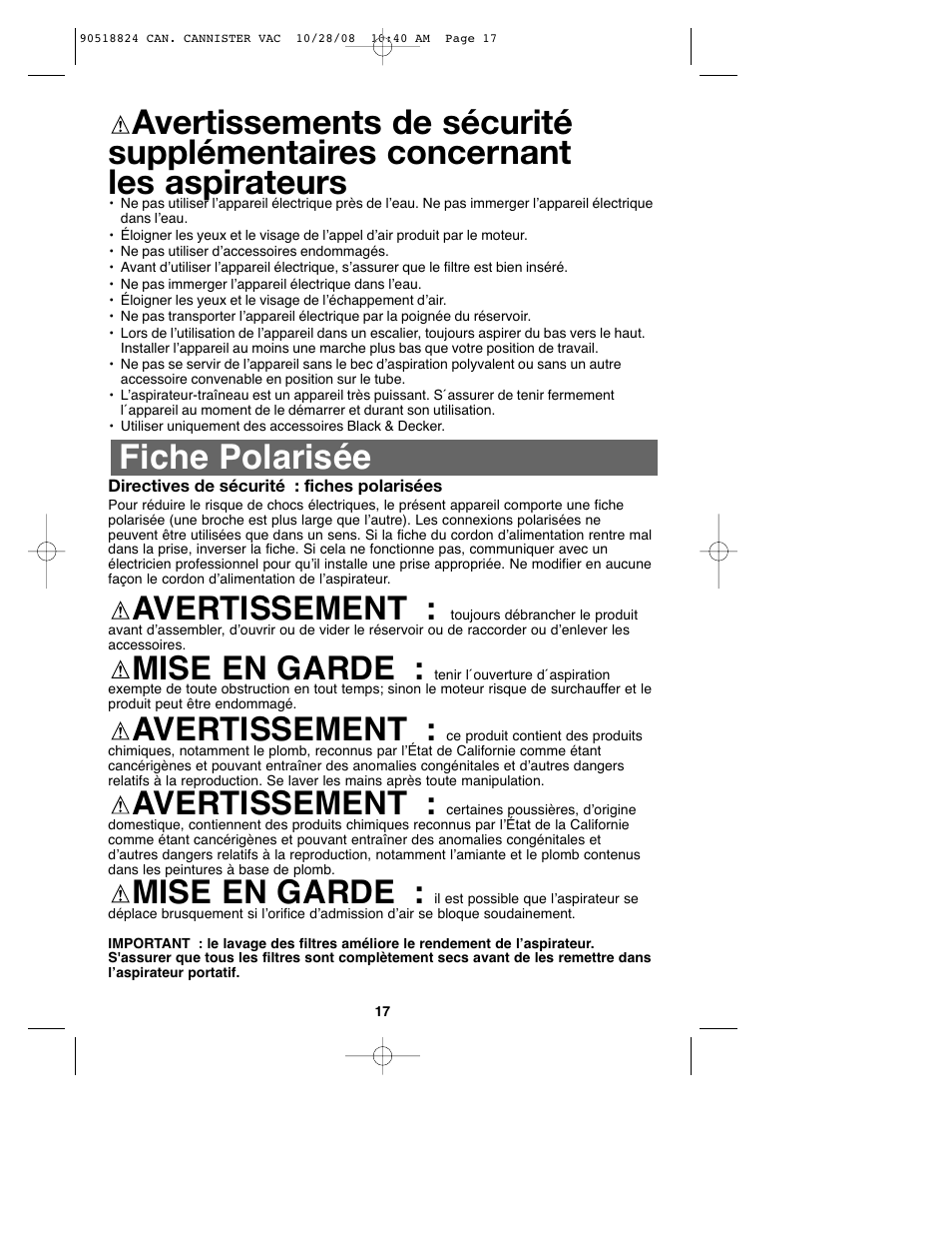 Fiche polarisée, Avertissement, Mise en garde | Black & Decker VN2200 User Manual | Page 17 / 36