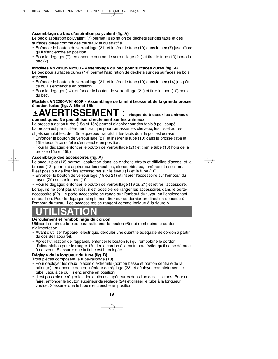 Utilisation, Avertissement | Black & Decker VN2200 User Manual | Page 19 / 36