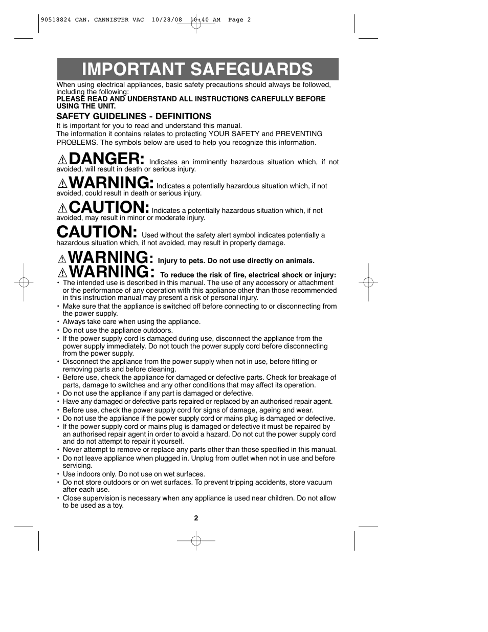 Important safeguards, Danger, Warning | Caution | Black & Decker VN2200 User Manual | Page 2 / 36