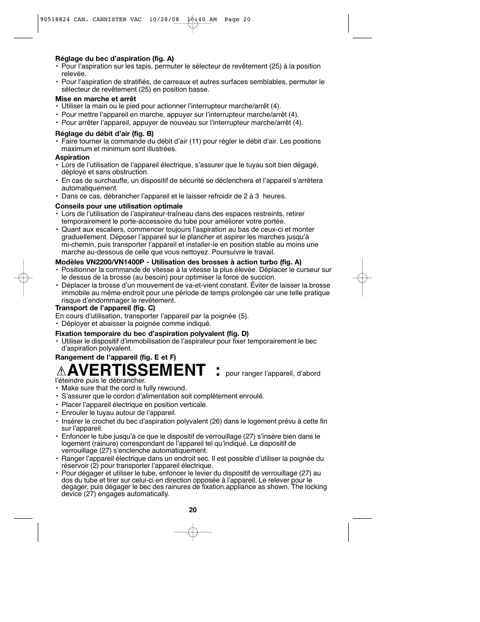 Avertissement | Black & Decker VN2200 User Manual | Page 20 / 36