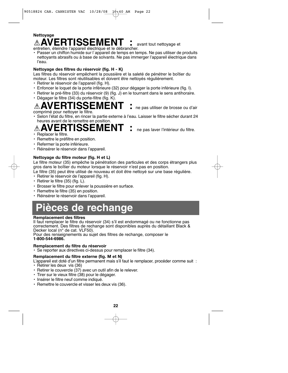 Pièces de rechange, Avertissement | Black & Decker VN2200 User Manual | Page 22 / 36