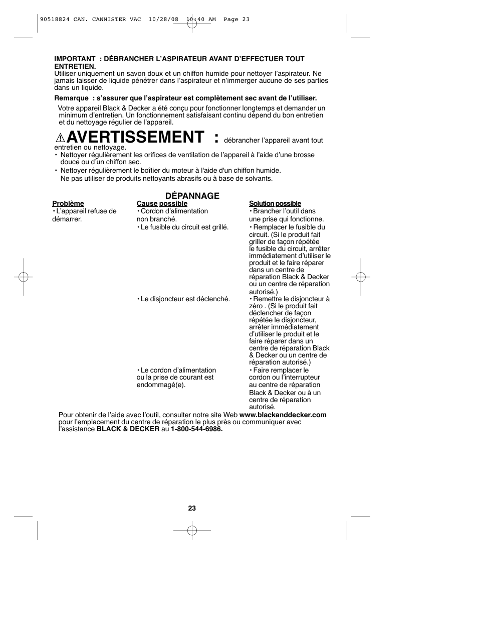 Avertissement | Black & Decker VN2200 User Manual | Page 23 / 36