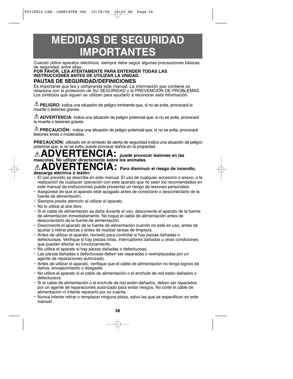 Medidas de seguridad importantes, Advertencia | Black & Decker VN2200 User Manual | Page 26 / 36