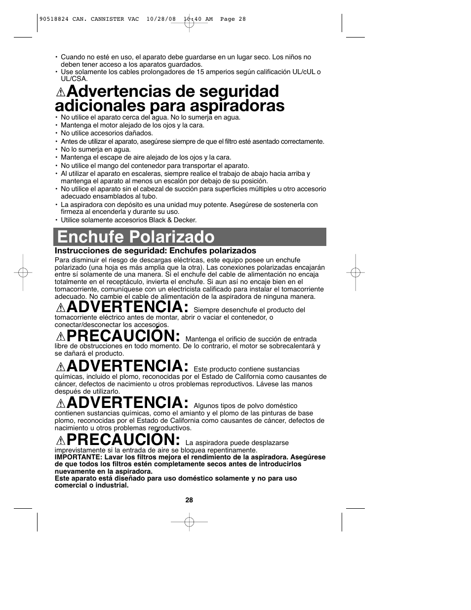 Enchufe polarizado, Advertencia, Precaución | Black & Decker VN2200 User Manual | Page 28 / 36