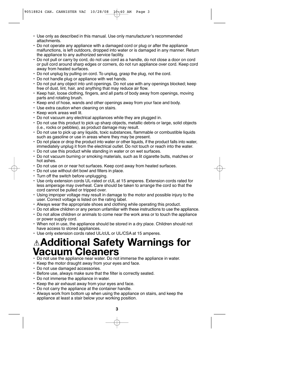 Additional safety warnings for vacuum cleaners | Black & Decker VN2200 User Manual | Page 3 / 36