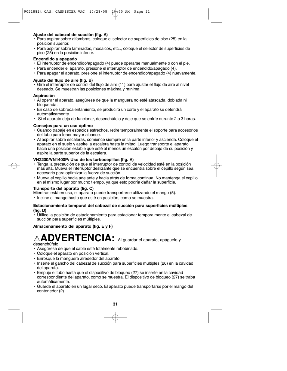 Advertencia | Black & Decker VN2200 User Manual | Page 31 / 36